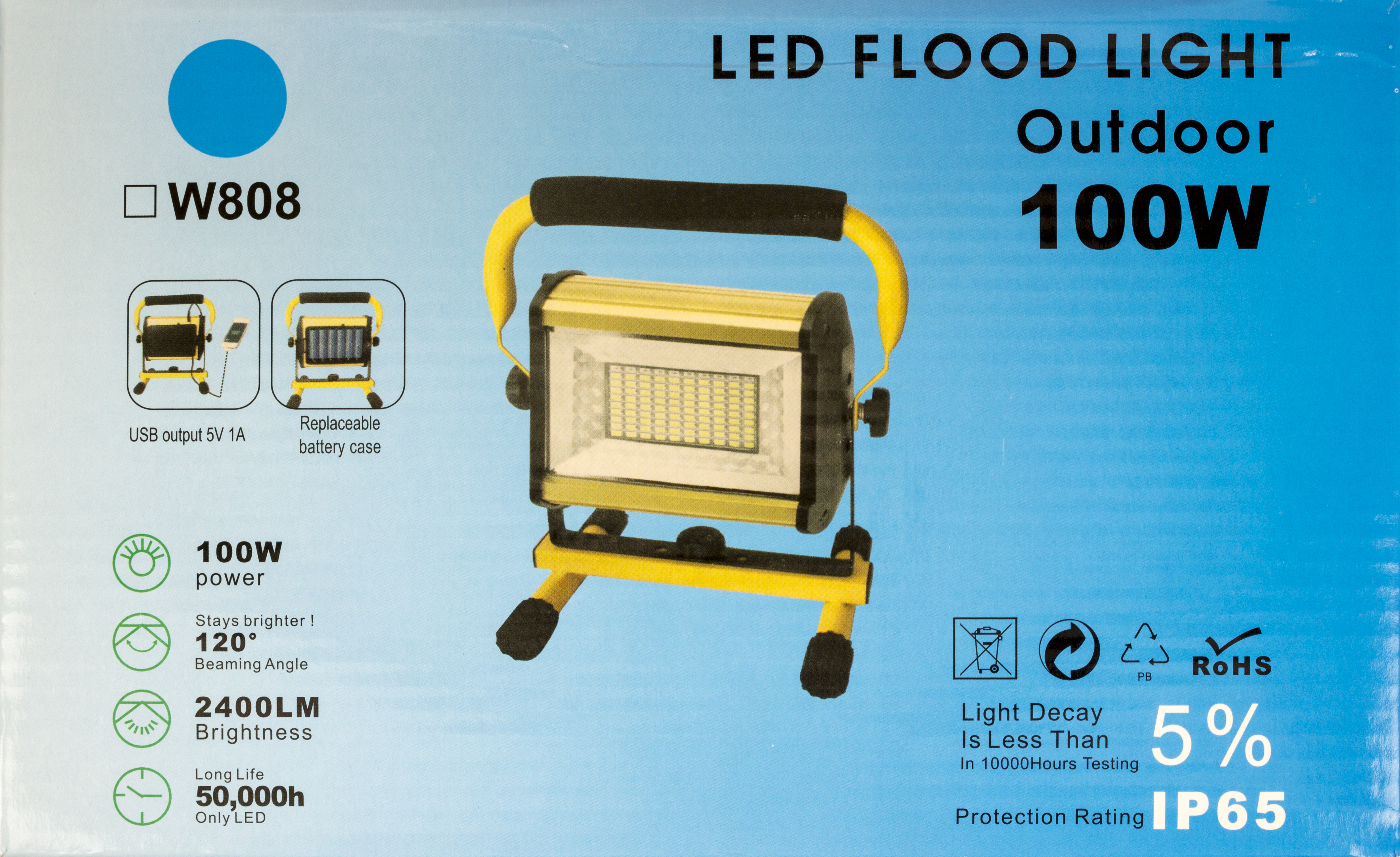Ліхтар акум. металевий прожектор 100W USB 6×18650 4 режима