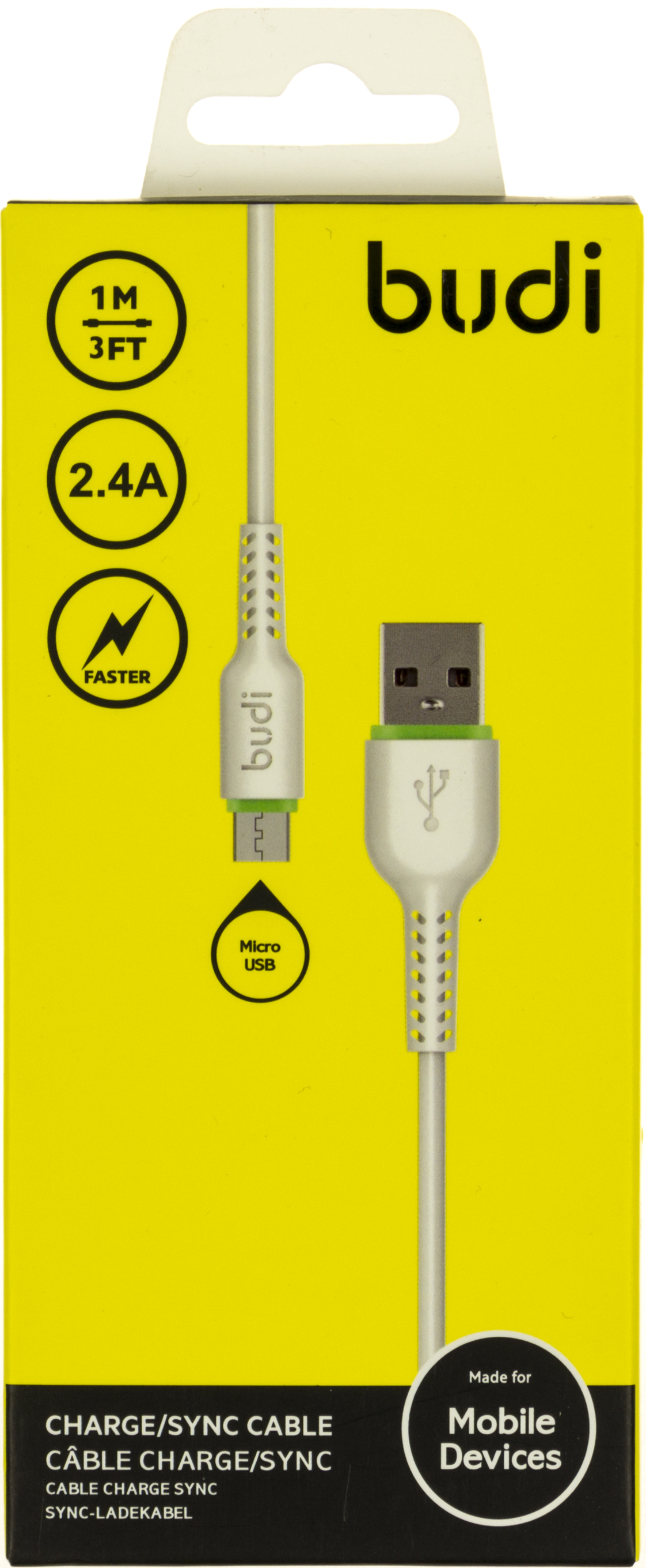 Кабель USB > micro USB Budi 2.4A 1 м white