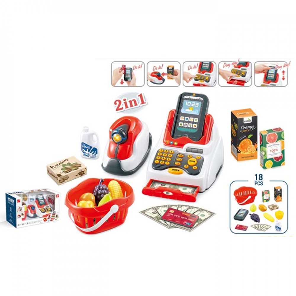 Касовий апарат на бат-ці, каса, сканер, корзина, продукти, в коробці, 34×20×17см