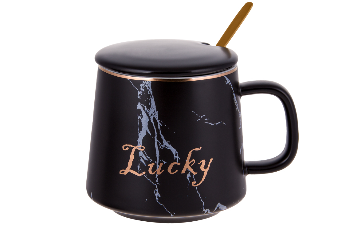 Чашка керамічна 400мл «Lucky» з кришкою та ложкою