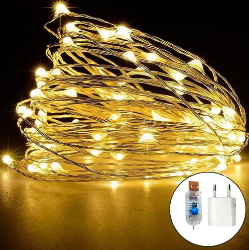Гірлянда електрич. Роса 100LED 8режимів +USB білий теплий L-10м
