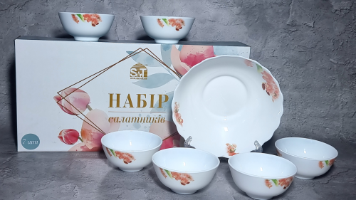 Набір салатників склокерам. «Орхідея Ванда» (7шт) (1штх8″, 6штх4,5″)
