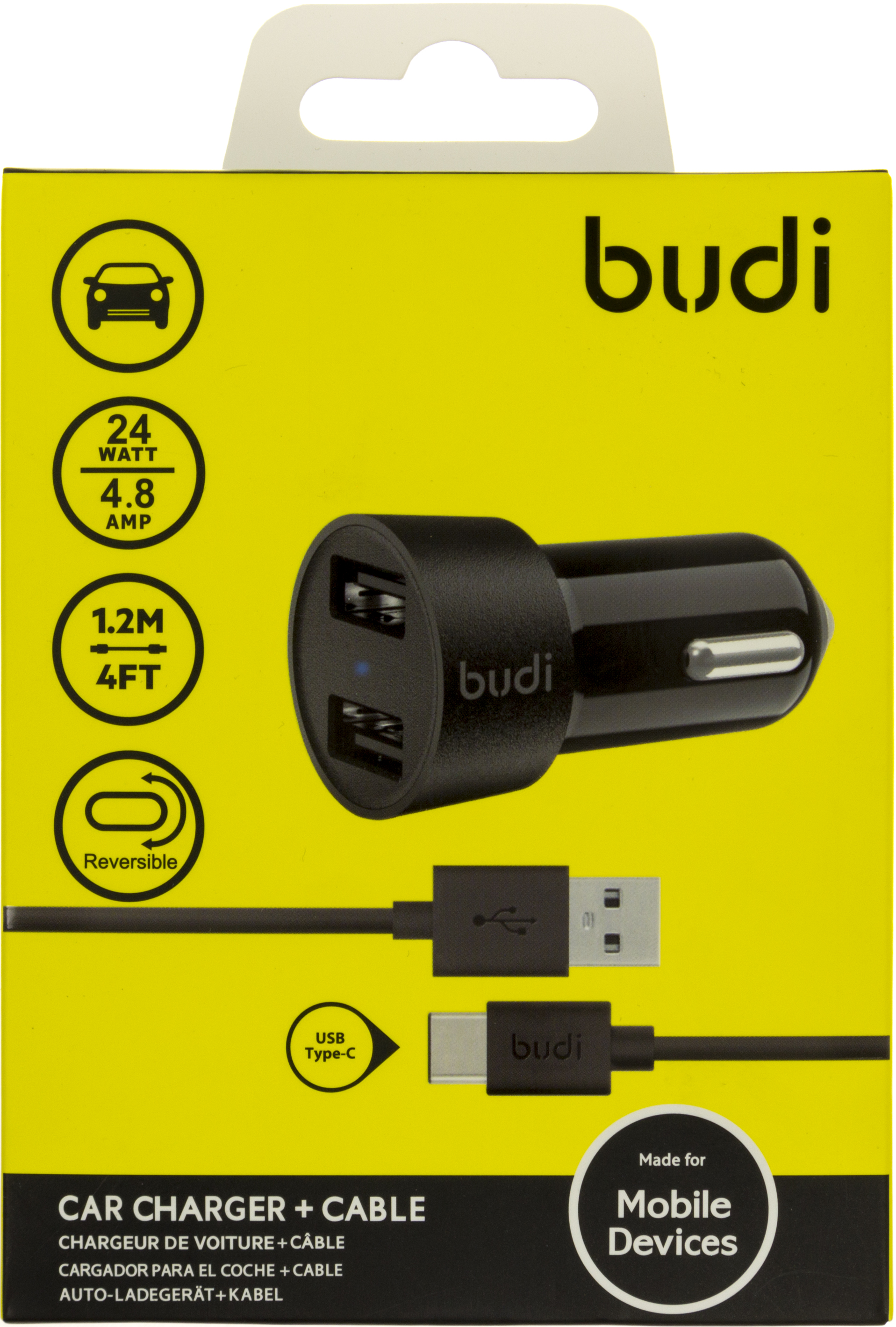 Зарядний пристрій авто Budi 2USB+Type-C 2.4A з кабелем black