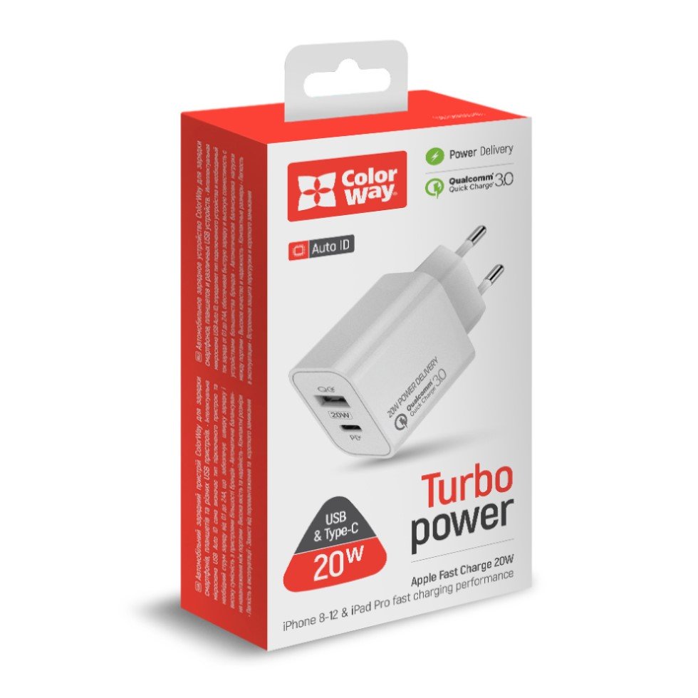 Зарядний пристрій Type-C+USB QC3.0 V2 швидка зарядка 20W white