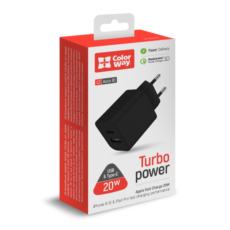 Зарядний пристрій Type-C+USB QC3.0 швидка зарядка 20W black