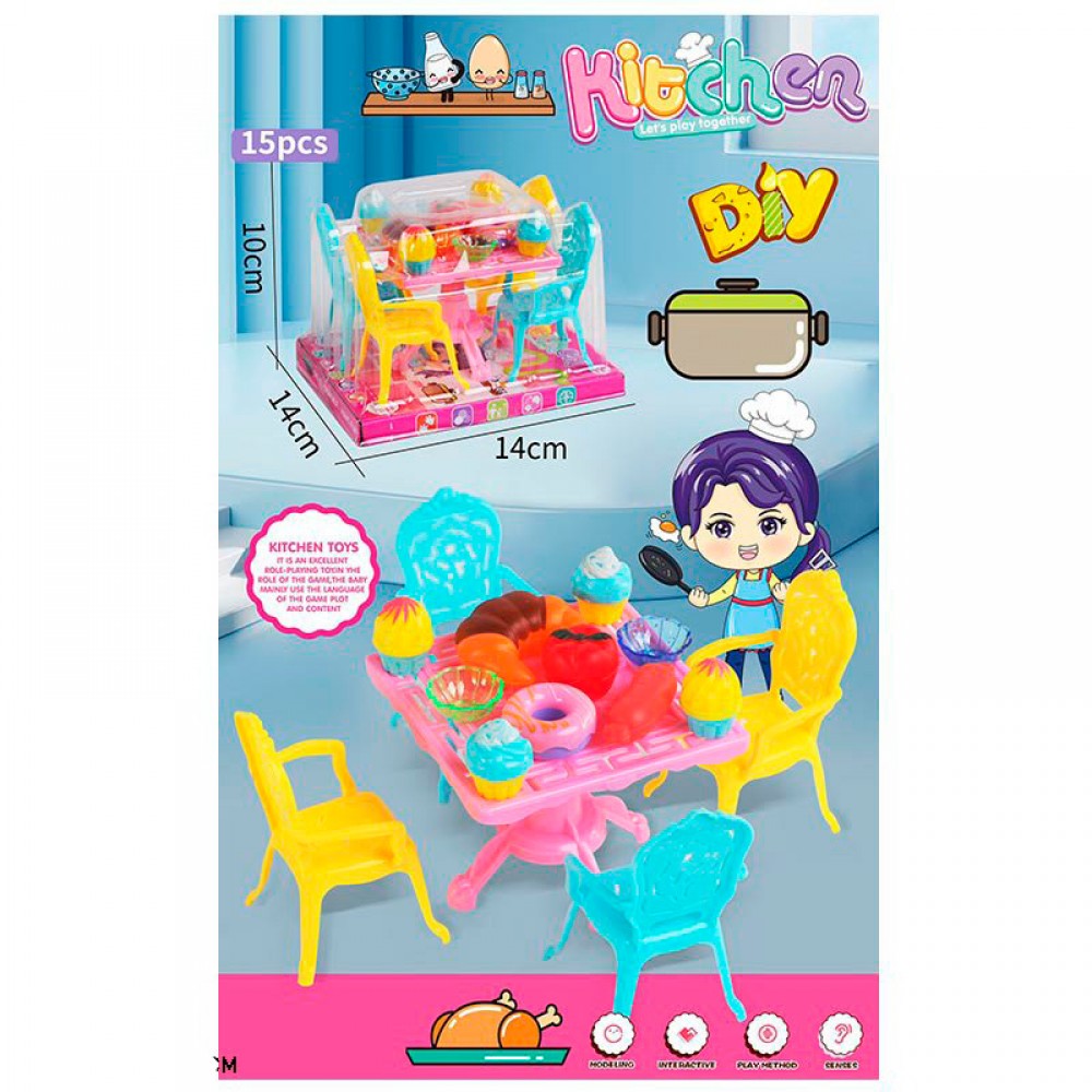 Їдальна: стіл, стільці 4 шт, продукти, посуд, в слюді, 16×12,5×12см