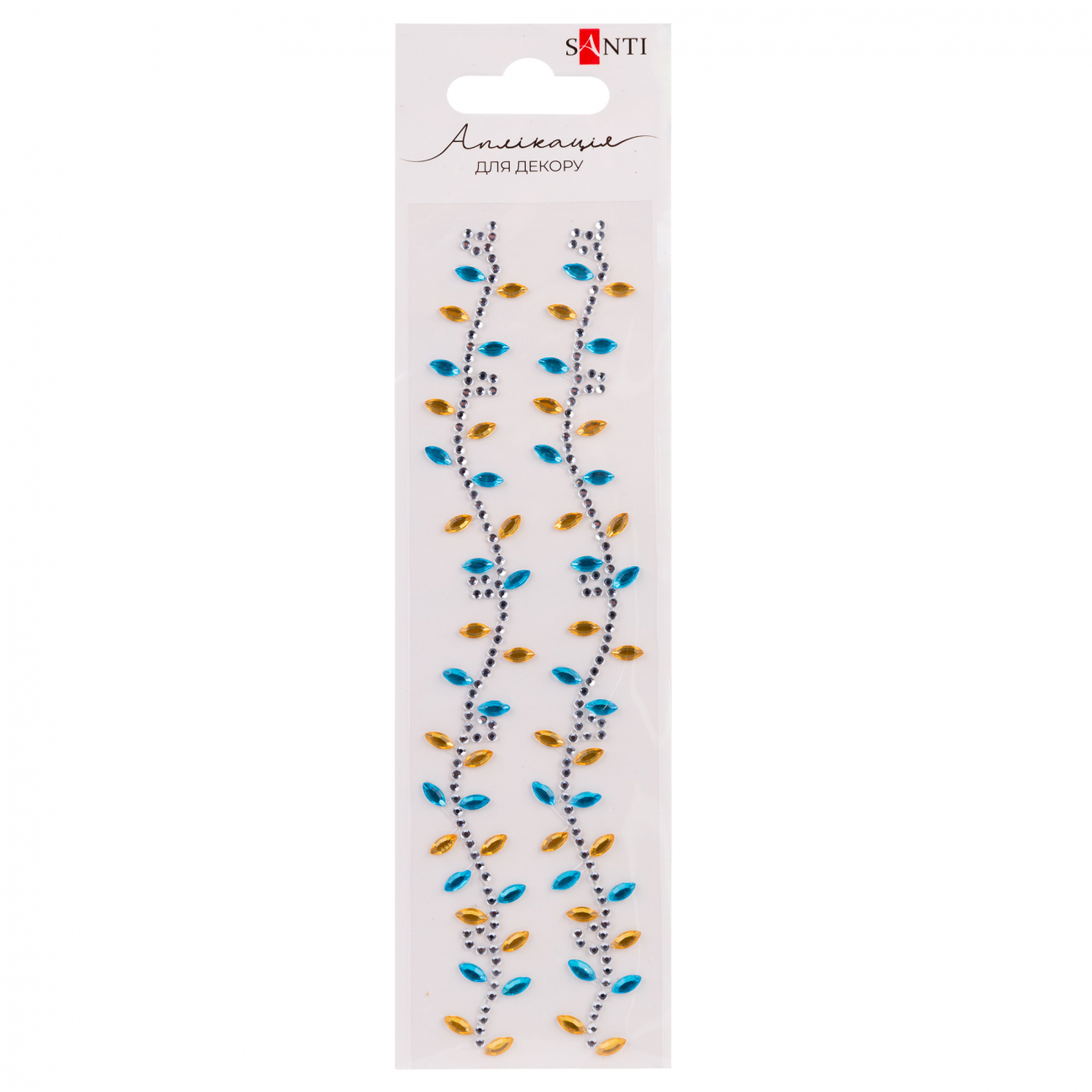Аплікація зі стразів самоклейна Листя синьо-жовте 4×16см
