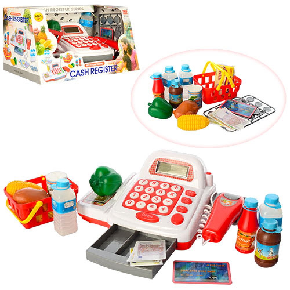 Касовий апарат на бат-ці, сканер, калькулятор, продукти, корзина, продукти, в коробці