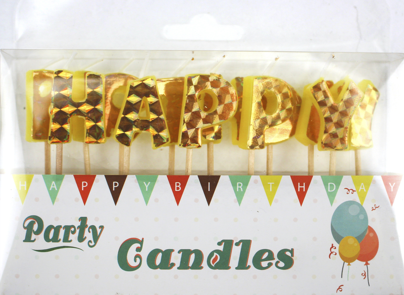 Свічка в торт «Happy Birthday» голограма золото