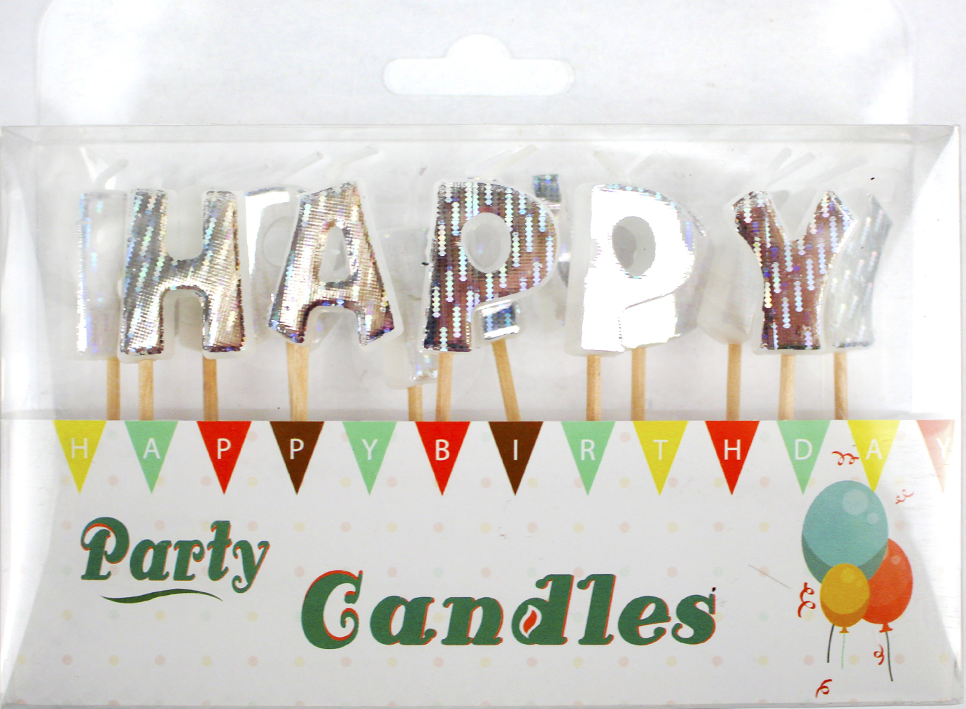 Свічка в торт «Happy Birthday» голограма срібло