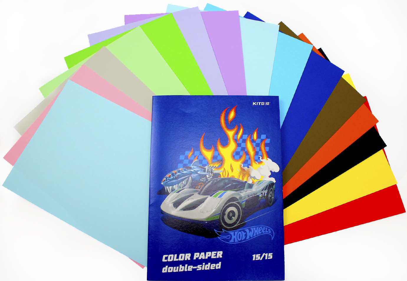 Папір кольоровий А4 двосторонній 15арк./ 15 кольорів Hot Wheels