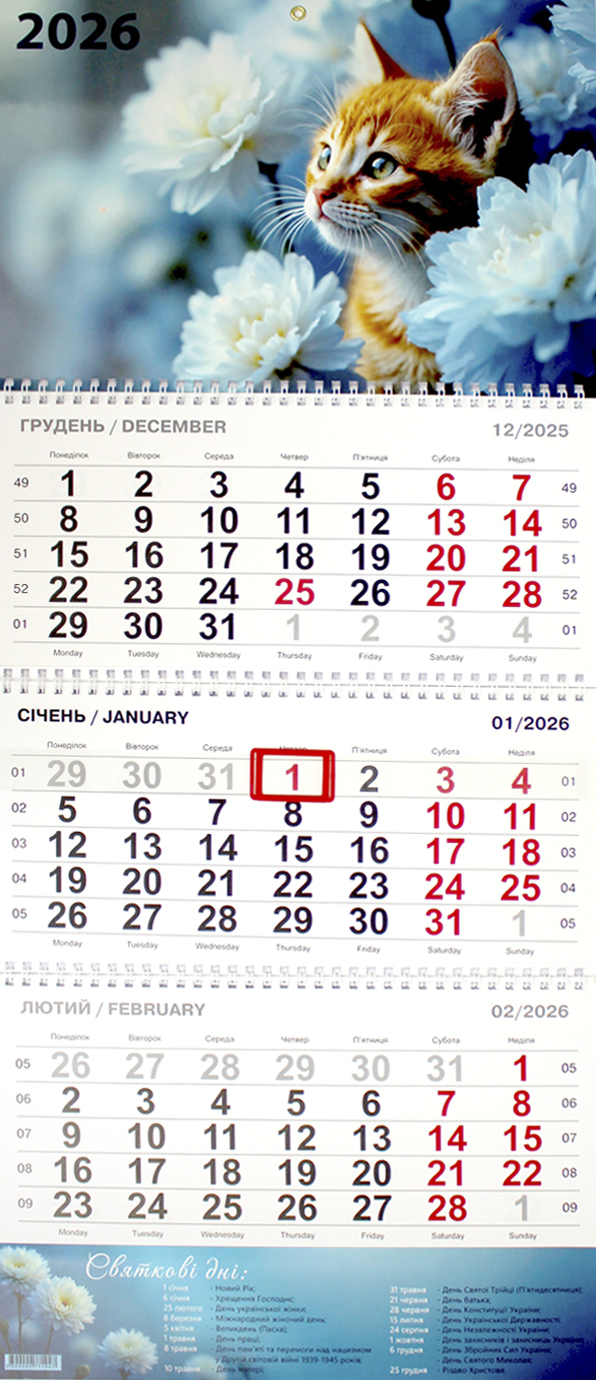 Календар кварт. настін. «Кіт у квітах» 2026 , 3 пружини