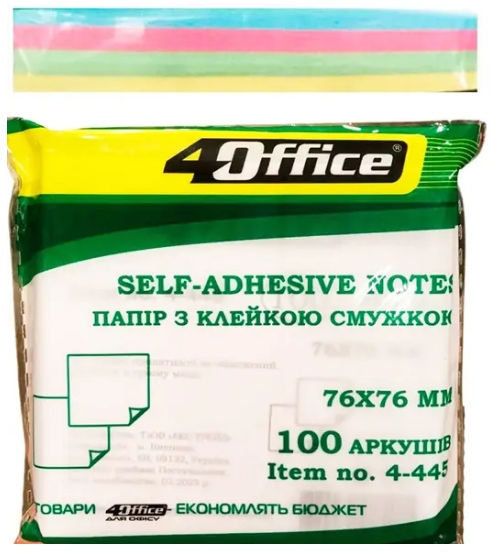 Блок/зам. липк. краєм 76×76мм 100 аркушів, неон. асорті «4Office»