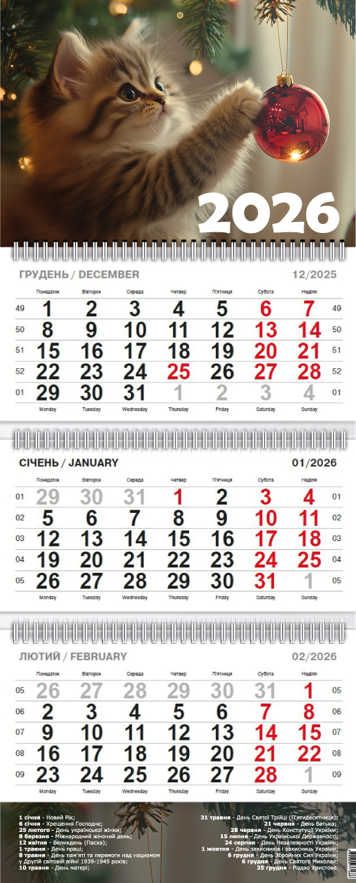 Календар кварт. настін. «Грайливе кошеня» 2026 , 3 пружини