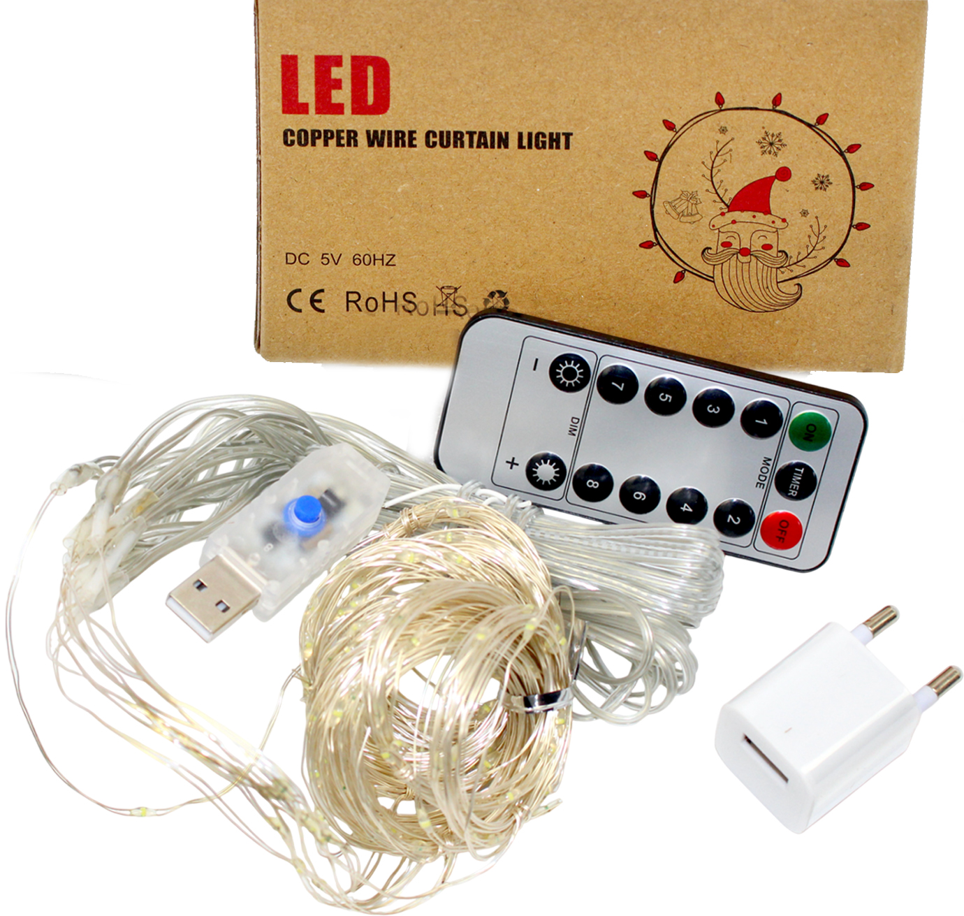 Гірлянда-штора електрич. Роса 200LED USB адаптер, пульт ДК, 10ліній білий L-3м H-2м