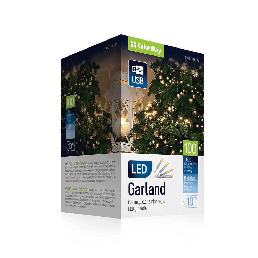 Гірлянда електрич. ColorWay 100LED 8режимів +USB теплий L-10м