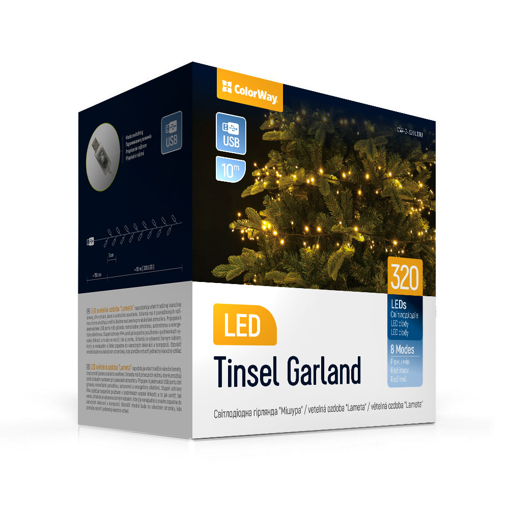 Гірлянда-мішура електрич. ColorWay 320LED 8режимів +USB теплий L-10м