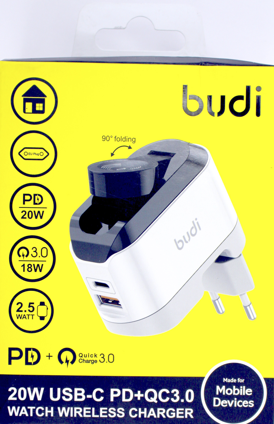 Зарядний пристрій індукц. Budi 20W швидка зарядка, USB, Type-C, smartwatch