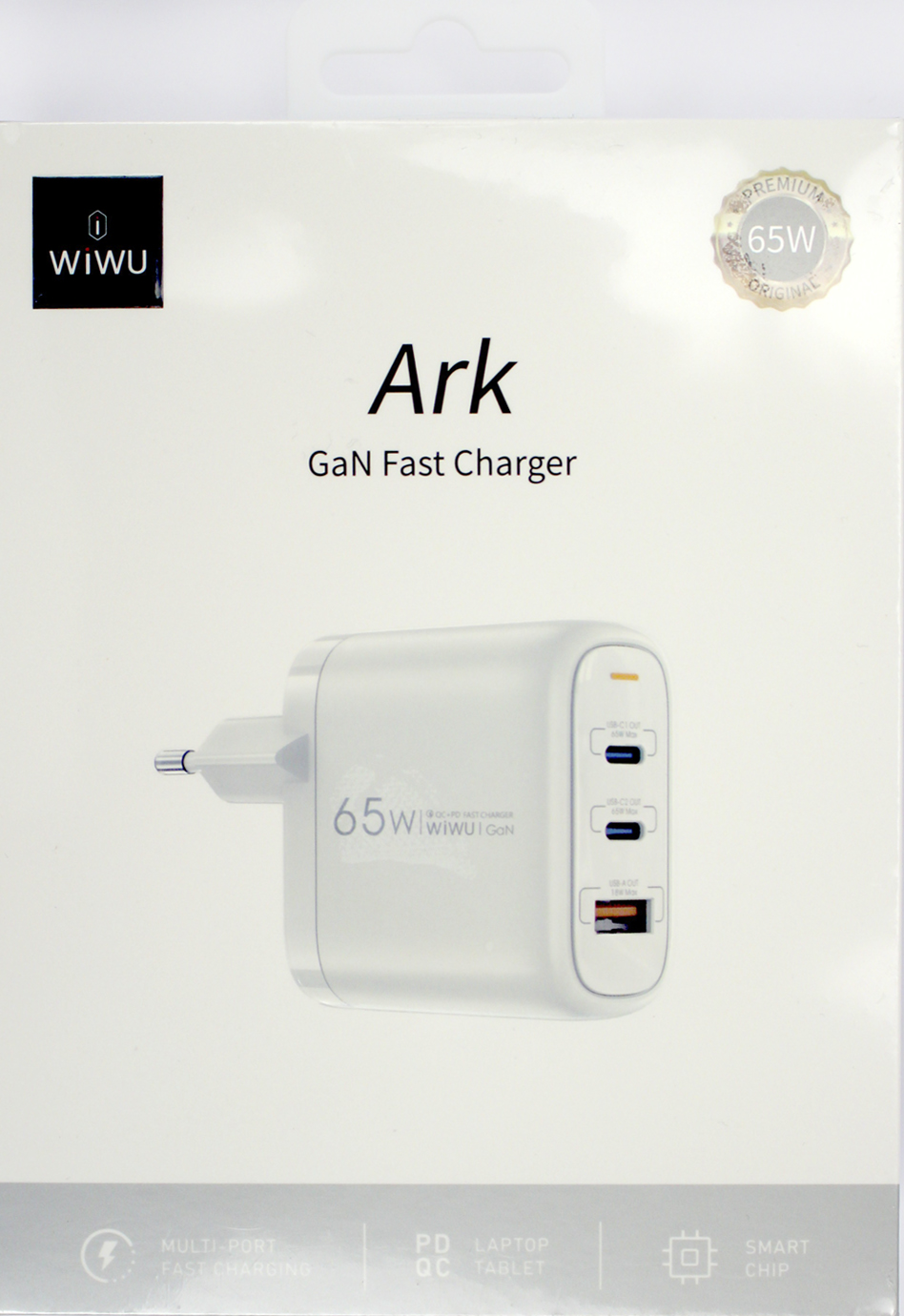 Зарядн. прист.WIWU USB+2Type-C 3А 65W ArkQC+PD GaNFastCharger шв. зар.white