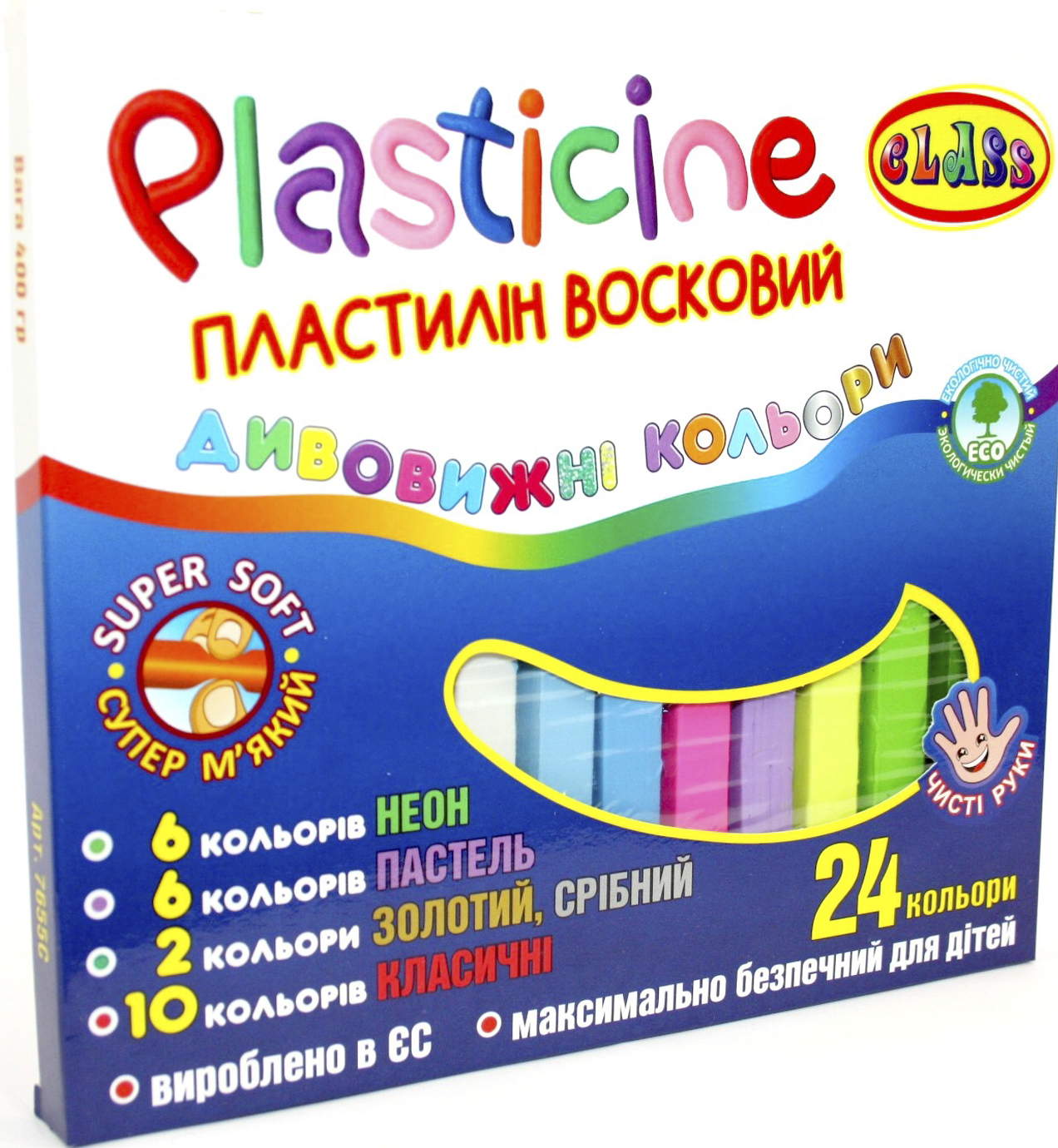 Пластилін 24 кольори 400гр квадр.