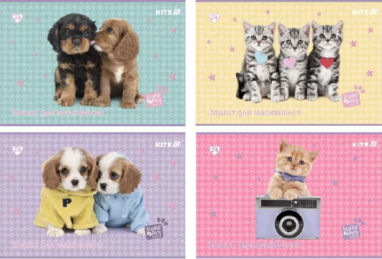 Альбом для малювання на скобі 24/100 А4 «Studio Pets» софт тач+УФ лак