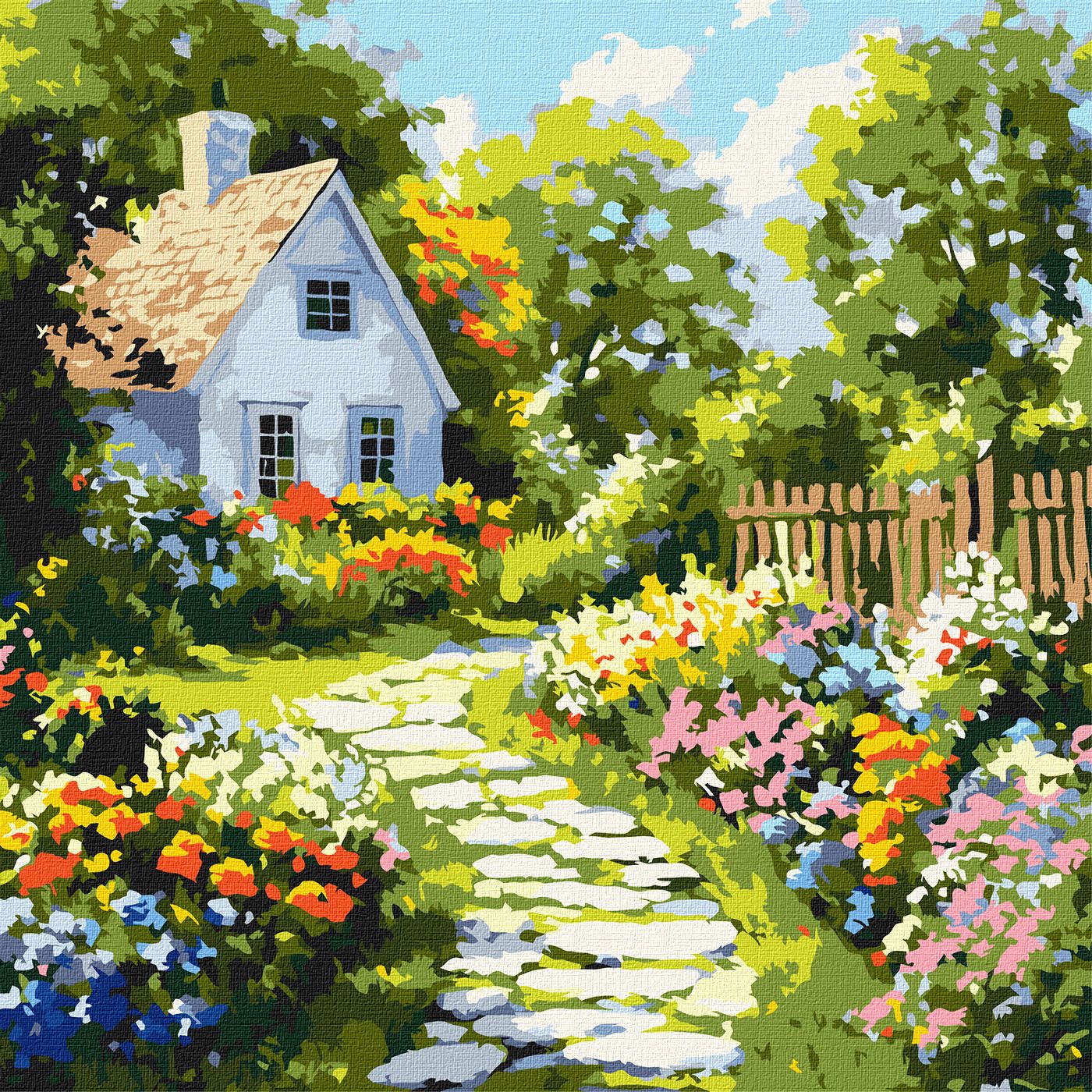 Картини по номерах акрилові «Квіти біля хатини» 40×40см