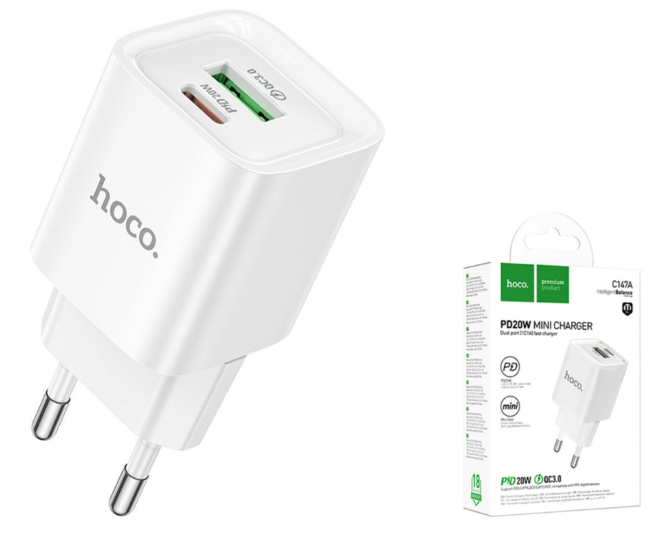 Зарядний пристрій швидка зарядка 1USB-с/USB PD/QC 3.0 20W white