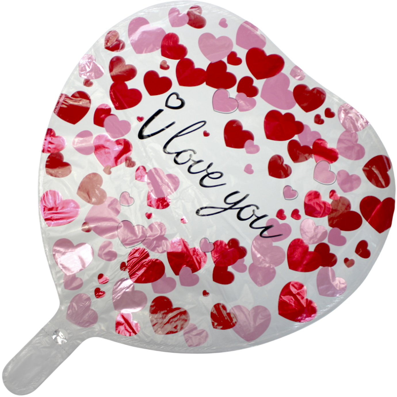 Кулька повітряна фольгована кругла «Серце з серцями та I love you» біл. з черв.-рожев. 18см
