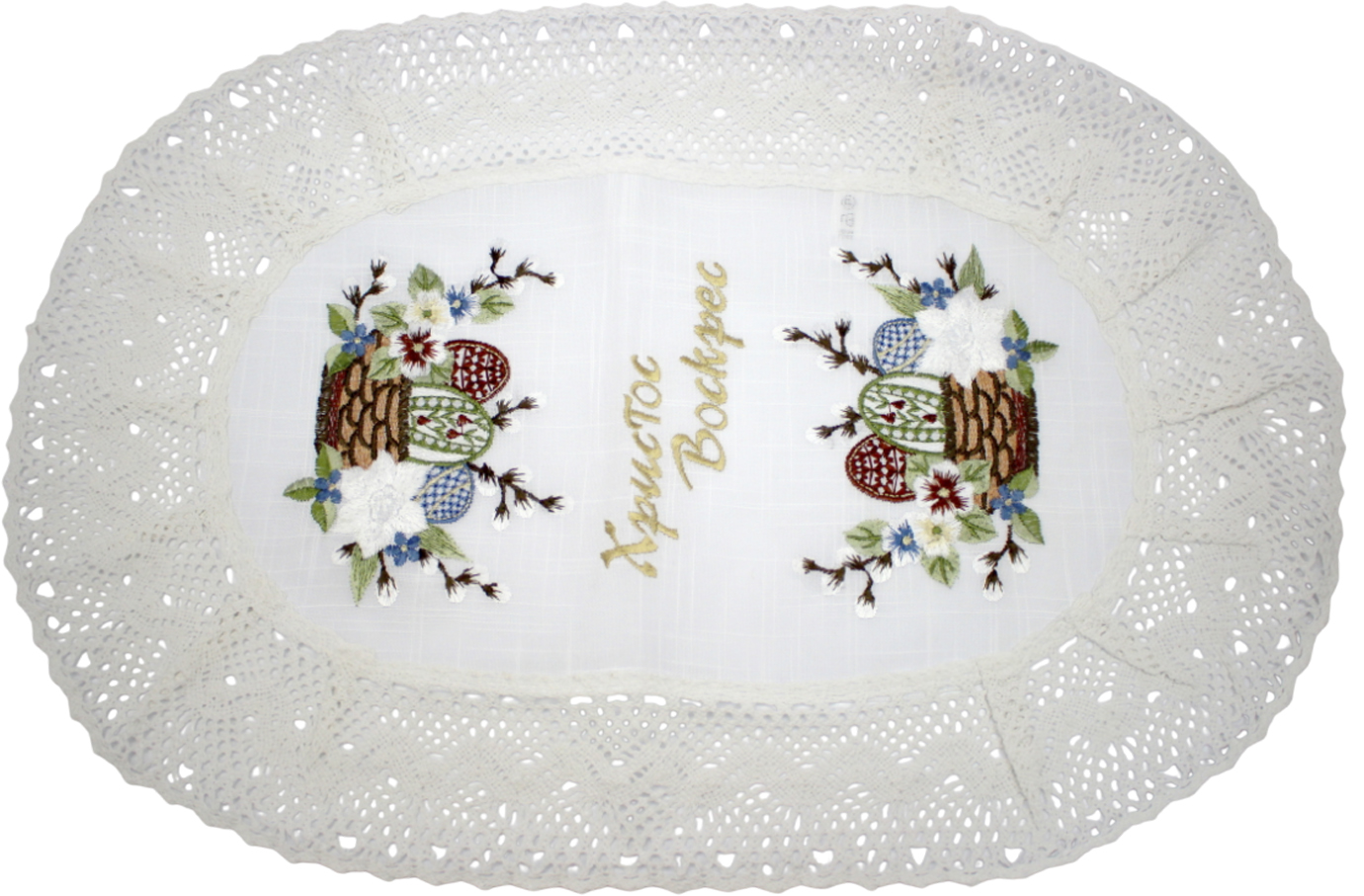 Великодня серветка «Крашанки з котиками в кошику» овальн. 62×44см