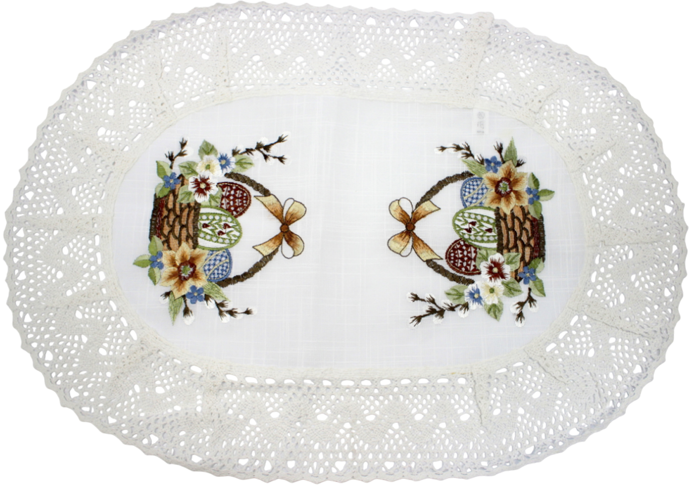 Великодня серветка «Крашанки з котиками в кошику» овальн. 62×44см
