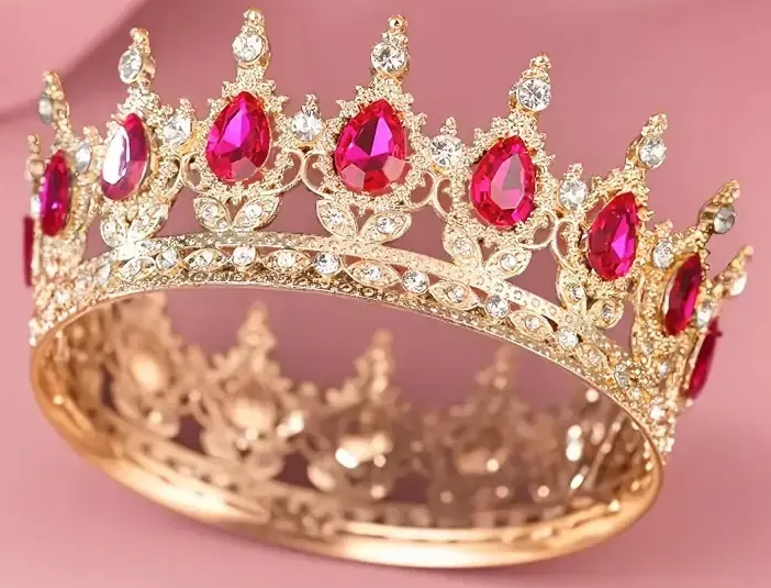 Корона металева з піками, золото з камінням фуксія 12,5×5,5см